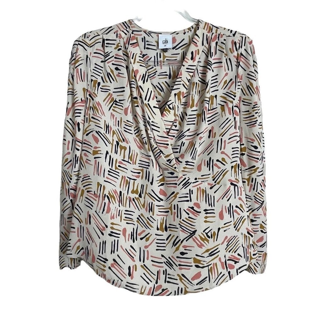Cabi 4162 Marni Blouse Size XS Abstract Print Crossover Front Long Sleeve‎